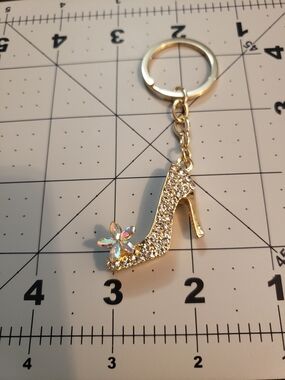 Gold Crystal High Heel Keychain with Iridescent Flower